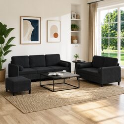 3 Piece Sofa Set Black Velvet Living Room Furniture with Pillows Footstool