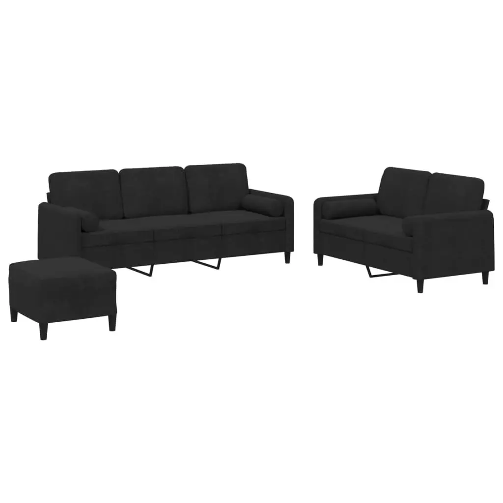3 Piece Sofa Set Black Velvet Living Room Furniture with Pillows Footstool
