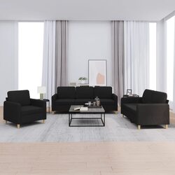 3 Piece Sofa Set Black Fabric Lounge Suite with Cushions Living Room Furniture