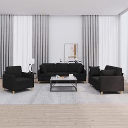 3 Piece Sofa Set Black Fabric Living Room Couch with Throw Pillows Armrests