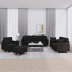 4 Piece Sofa Set Black Fabric Couch with Throw Pillows Footstool Living Room