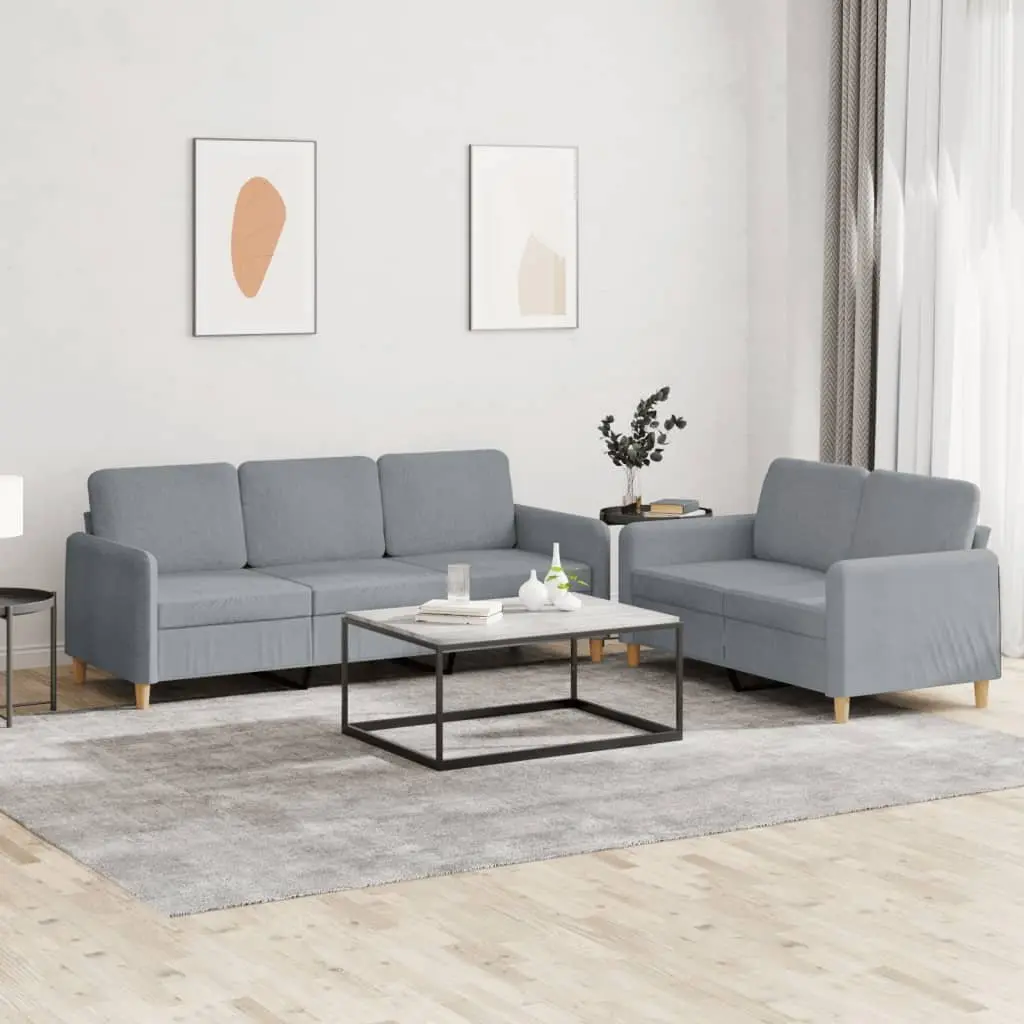 Sofa Set Light Grey 2 Piece Durable Fabric Thickly Padded Cushions