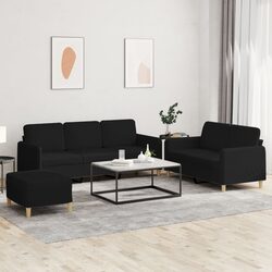 3 Piece Sofa Set with Footstool in Black Fabric