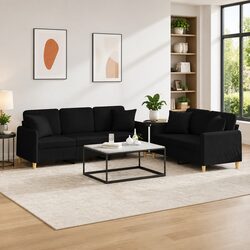 2 Piece Sofa Set Black Fabric Couch Living Room Furniture with Throw Pillows