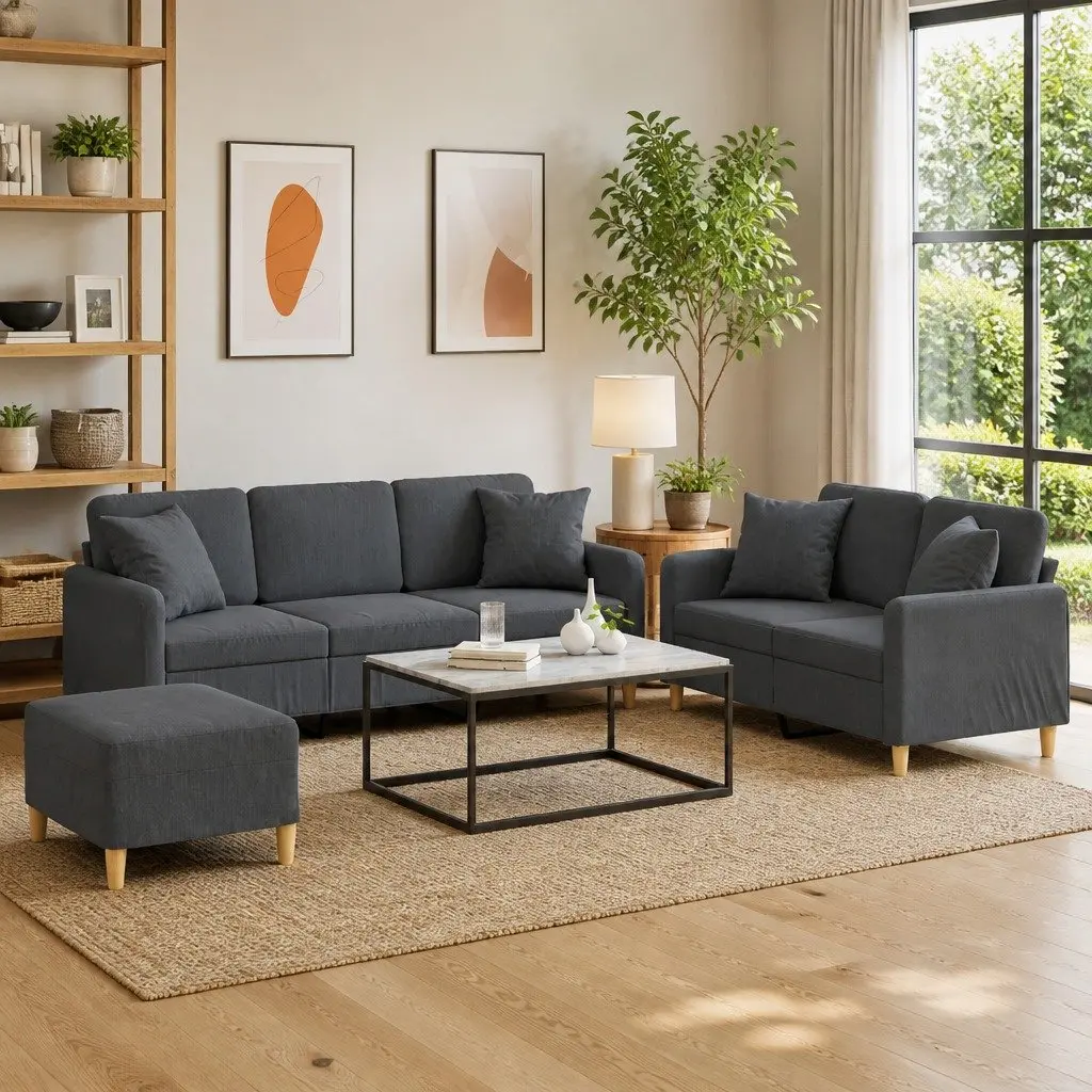 GreyFabric3PieceSofaSetwithFootstoolandThrowPillowsforLivingRoomComfort