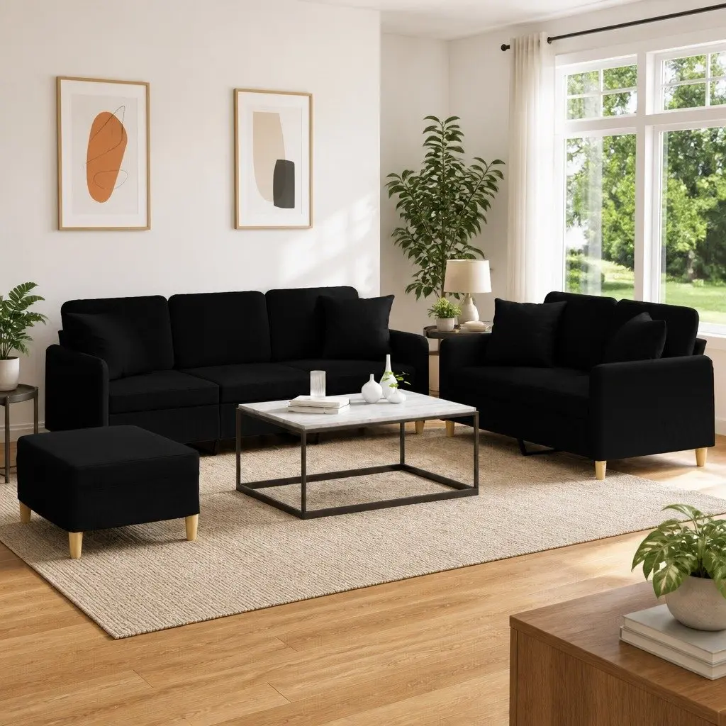 Black Fabric Couch Set 3 Piece with Footstool and Throw Pillows for Living Room