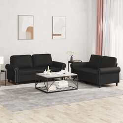 2 Piece Sofa Set Black Faux Leather Living Room Furniture Comfortable Cushioned