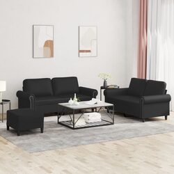 3 Piece Sofa Set with Footstool Cushions Black Faux Leather Living Room