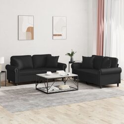 2 Piece Black Sofa Set with Throw Pillows