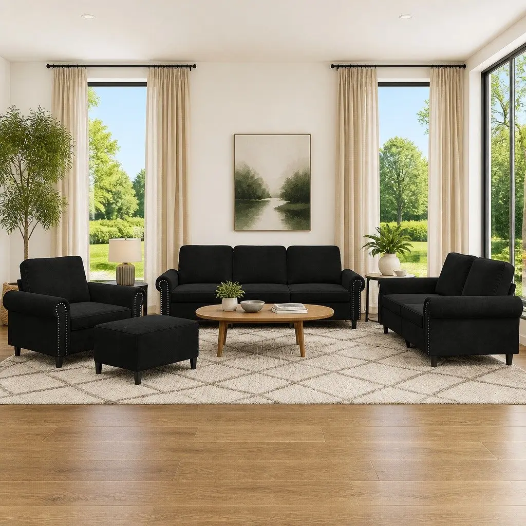4 Piece Sofa Set Black Velvet Cushions Footstool Living Room Sectional