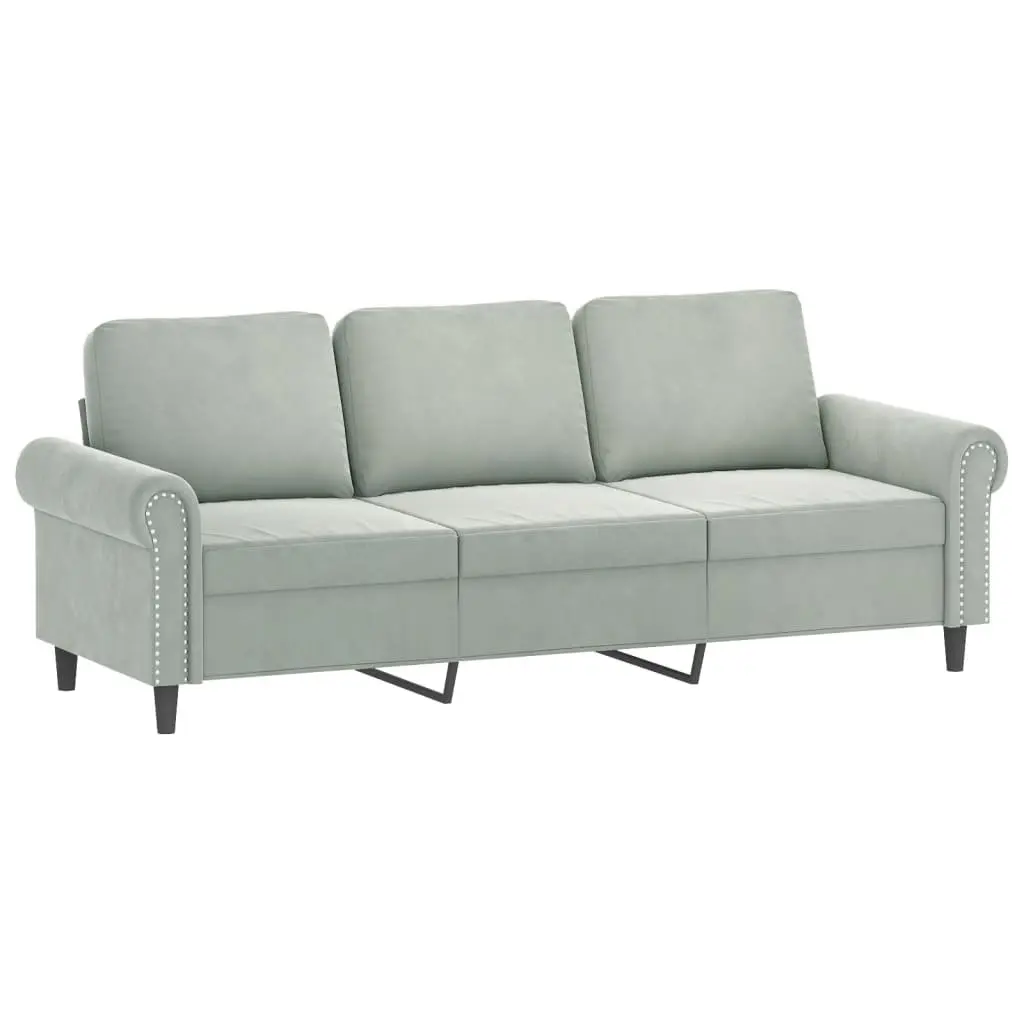 3 Piece Sofa Set Grey Velvet Couch with Throw Pillows Living Room Furniture