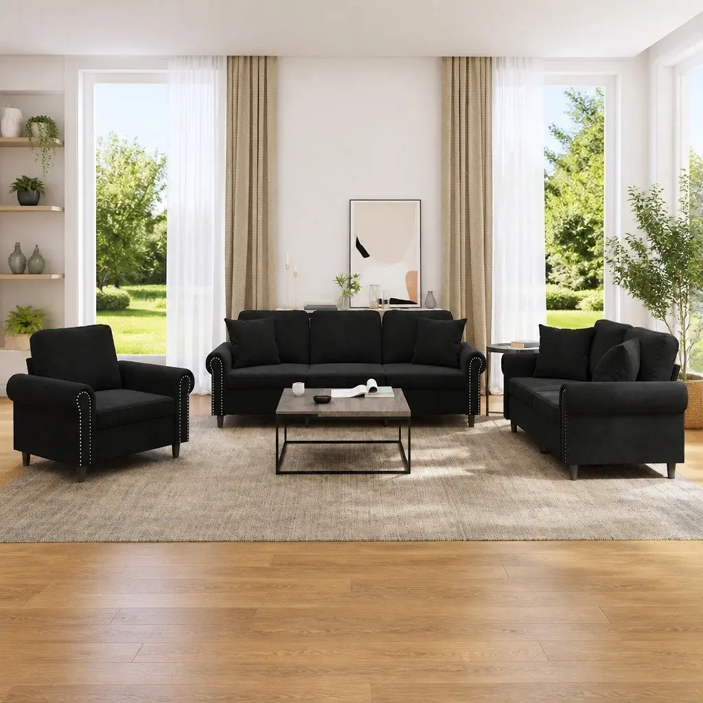 3 Piece Sofa Set Black Velvet Couch with Throw Pillows Seating Furniture Suite