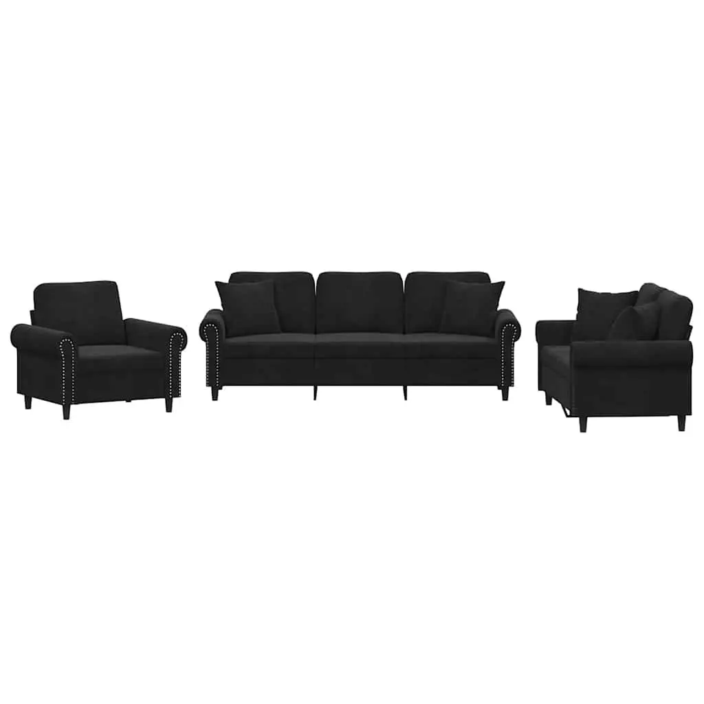 3 Piece Sofa Set Black Velvet Couch with Throw Pillows Seating Furniture Suite