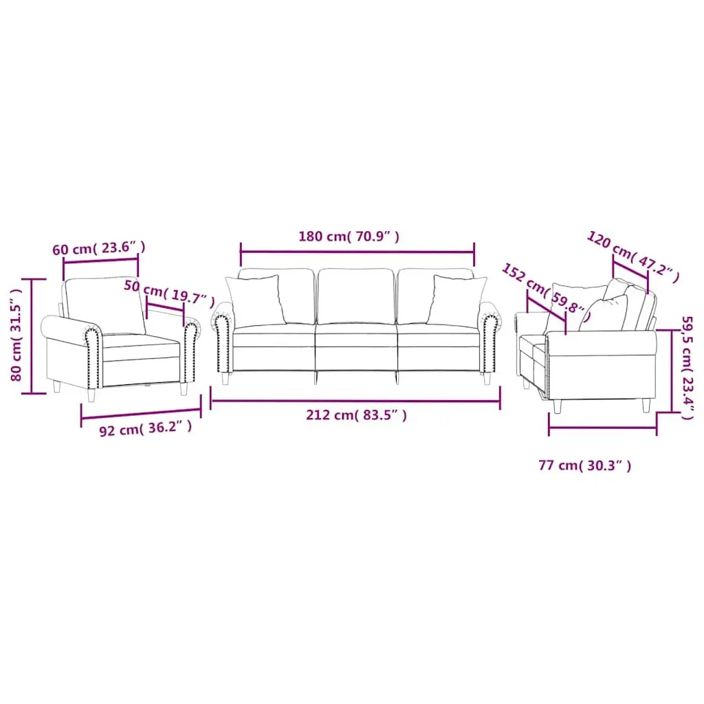 3 Piece Sofa Set Black Velvet Couch with Throw Pillows Seating Furniture Suite