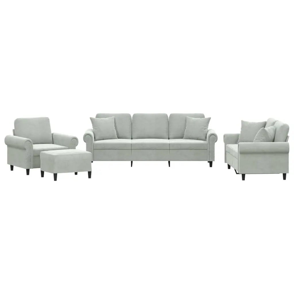 4 Piece Sofa Set with Throw Pillows Footstool Grey Velvet Living Room Furniture