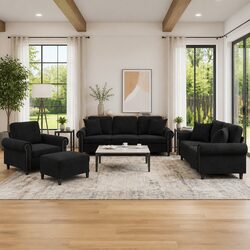 4 Piece Sofa Set with Throw Pillows in Black Velvet