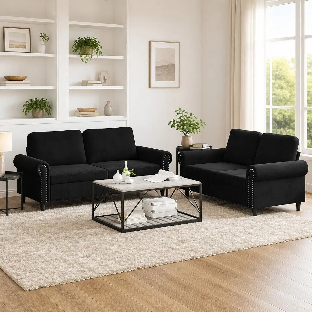 2PieceComfortableSeatingSofaSetBlackVelvetLoungeSuite