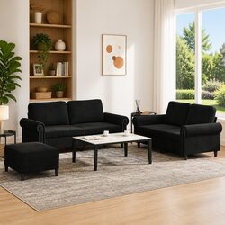 3 Piece Sofa Set with Cushions Black Velvet Living Room Furniture Couch
