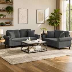 Concise 2 Piece Grey Velvet Sofa Set with Pillows