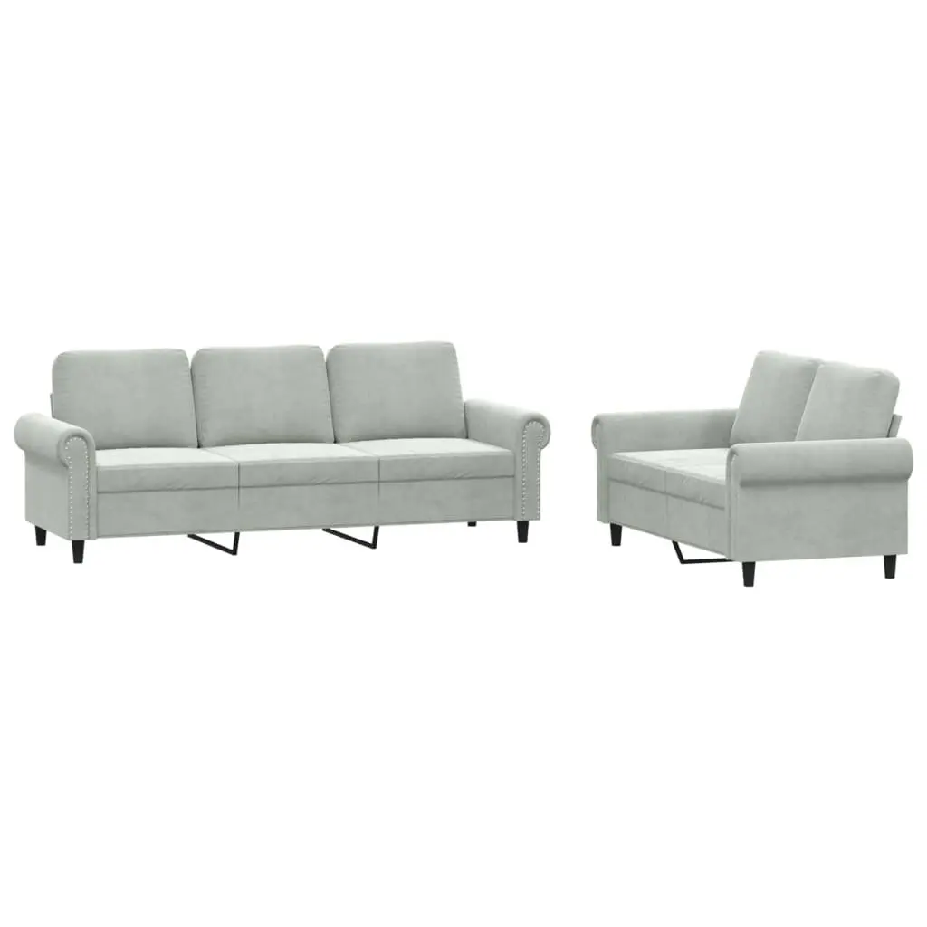 Sofa Set Grey Velvet 2 Piece Soft Upholstery Thickly Padded Seating