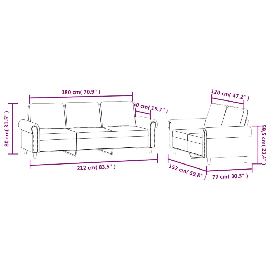 Sofa Set Grey Velvet 2 Piece Soft Upholstery Thickly Padded Seating