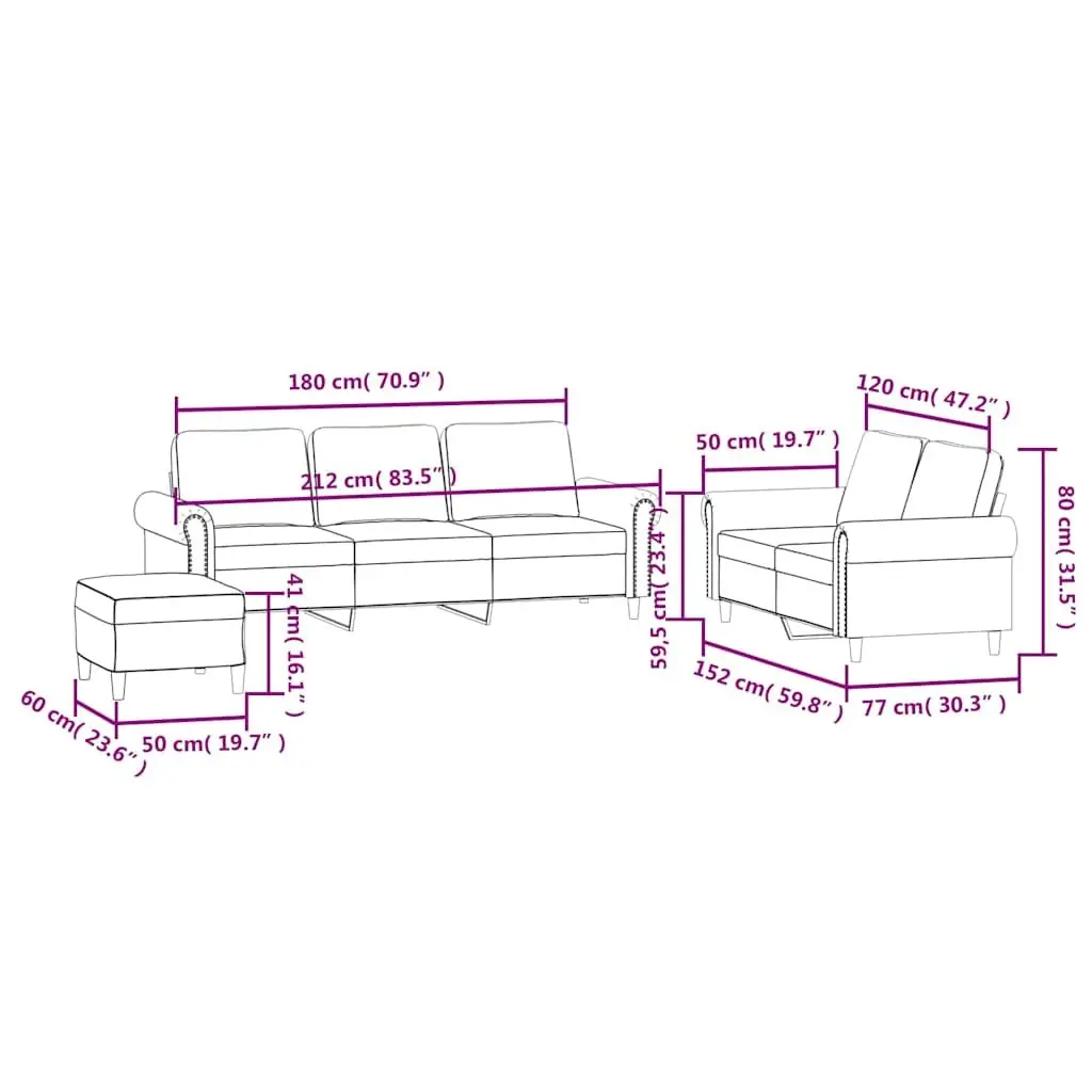 3 Piece Sofa Set Black Velvet Compact Lounge Suite with Cushions