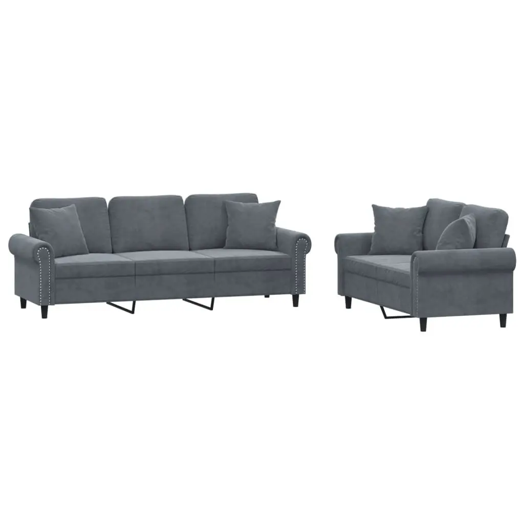 2 Piece Sofa Set Grey Velvet Thickly Padded Seat Armrests Back Support