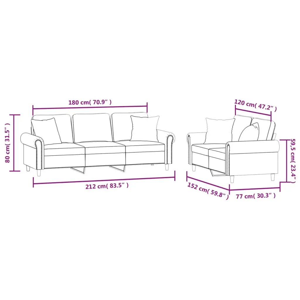 2 Piece Sofa Set Grey Velvet Thickly Padded Seat Armrests Back Support