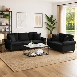 2 Piece Sofa Set with Pillows Black Velvet Living Room Furniture Couch