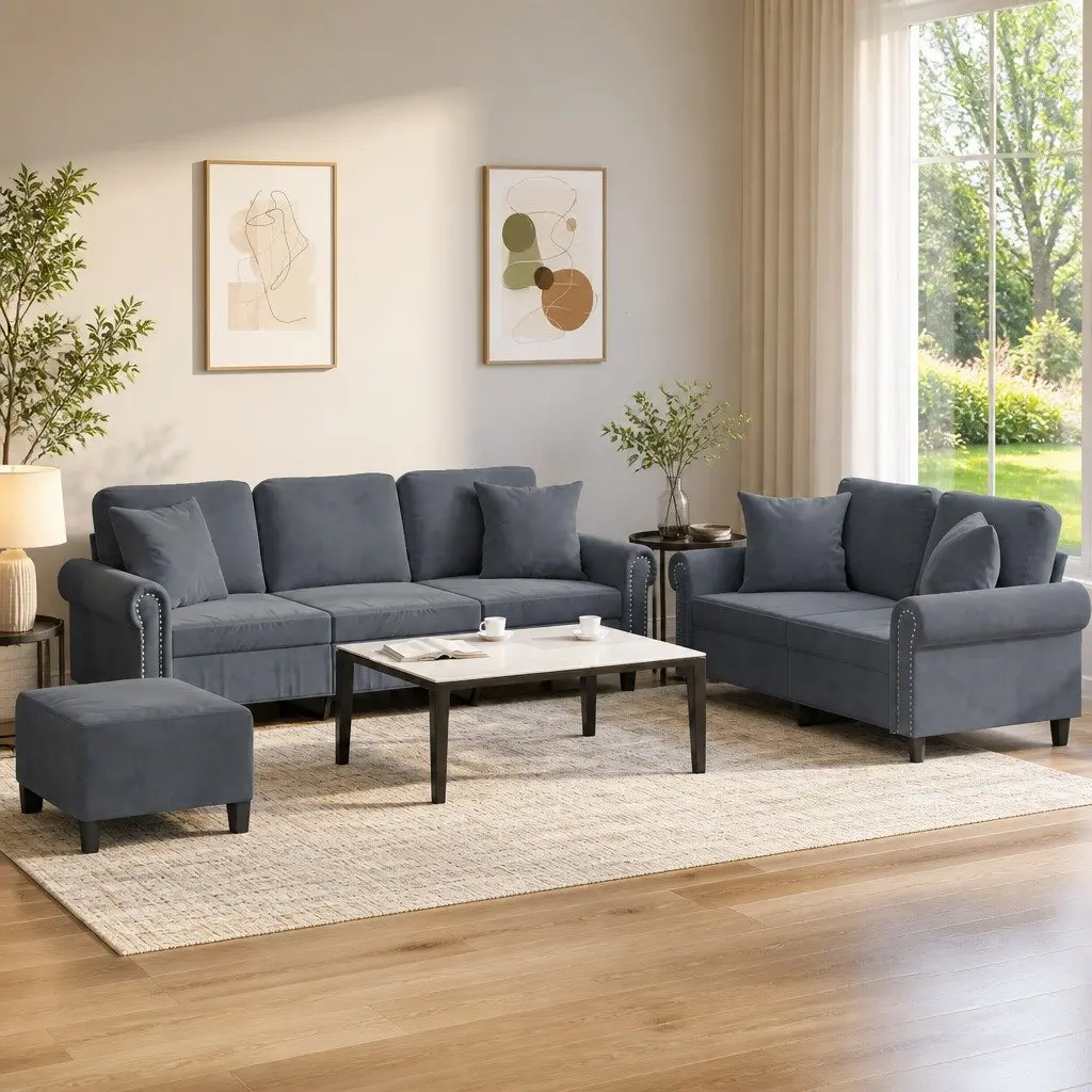 3 Piece Sofa Set with Footstool Throw Pillows Grey Velvet Living Room Furniture