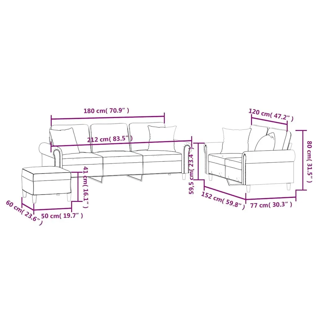 3 Piece Sofa Set with Throw Pillows and Footstool Black Velvet Living Room