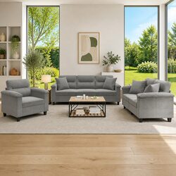 Concise 3 Piece Grey Microfibre Sofa Set with Pillows