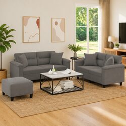 3 Piece Sofa Set Grey Microfibre Living Room Furniture with Pillows Footstool