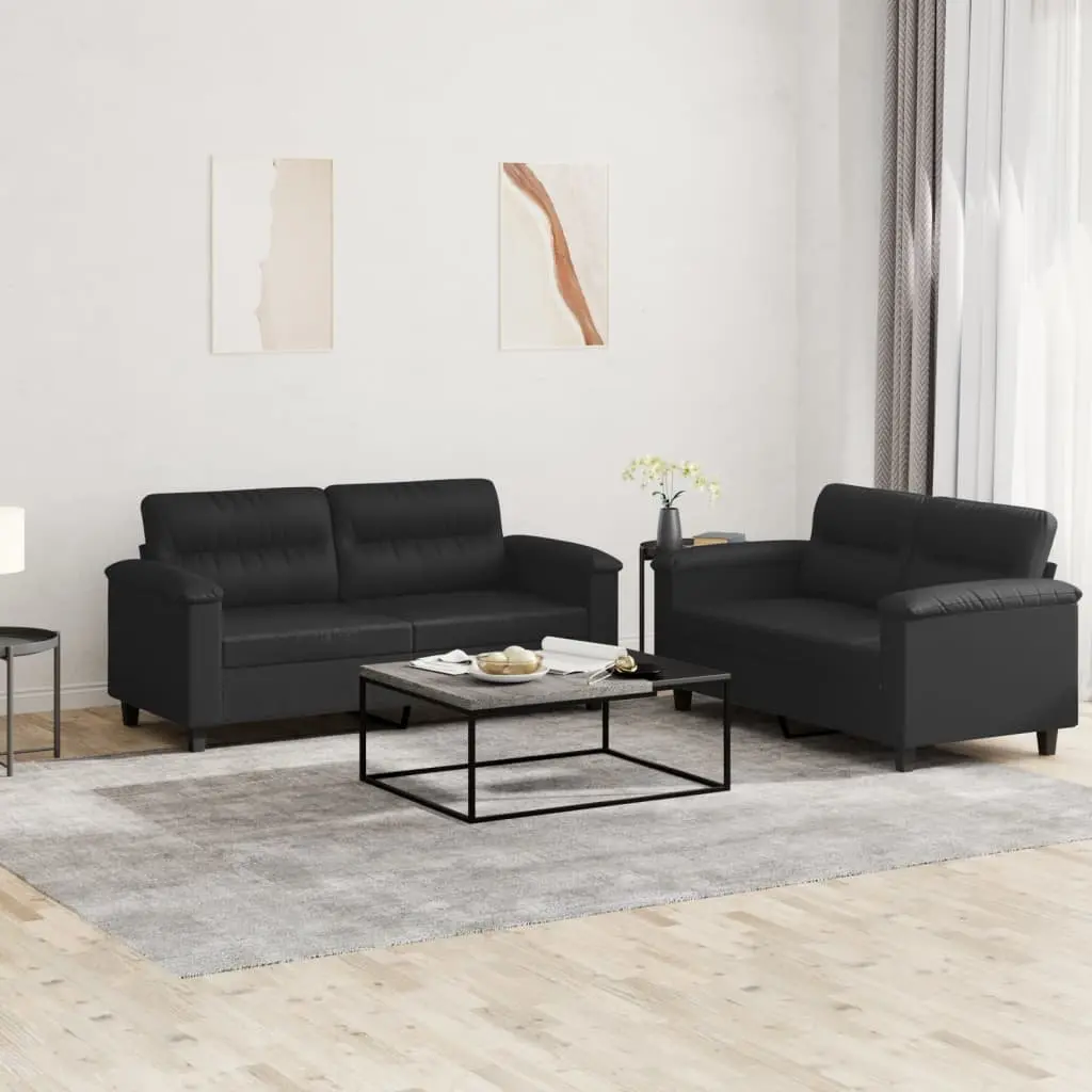 2 Piece Sofa Set Black Faux Leather Lounge Couch with Cushions Living Room