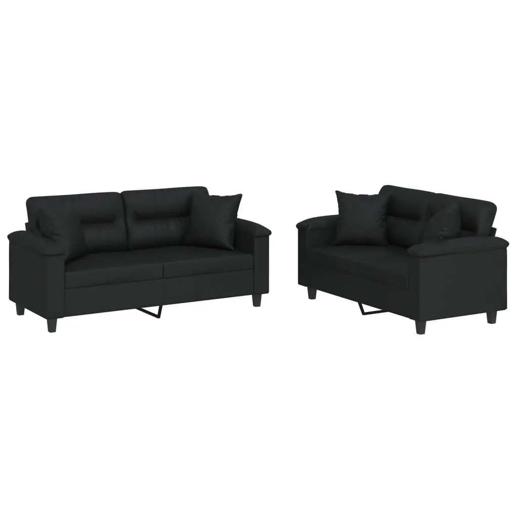 2 Piece Sofa Set with Throw Pillows Black Faux Leather Living Room Furniture