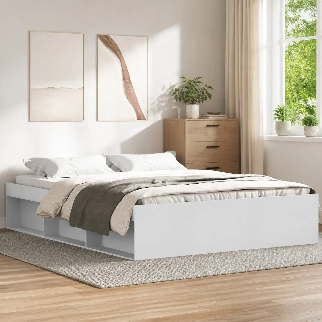 Bed Frame White 135x190 cm Modern Storage Platform Engineered Wood