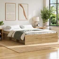 Bed Frame Queen Size Storage Compartments Brown Wooden Bedroom Furniture