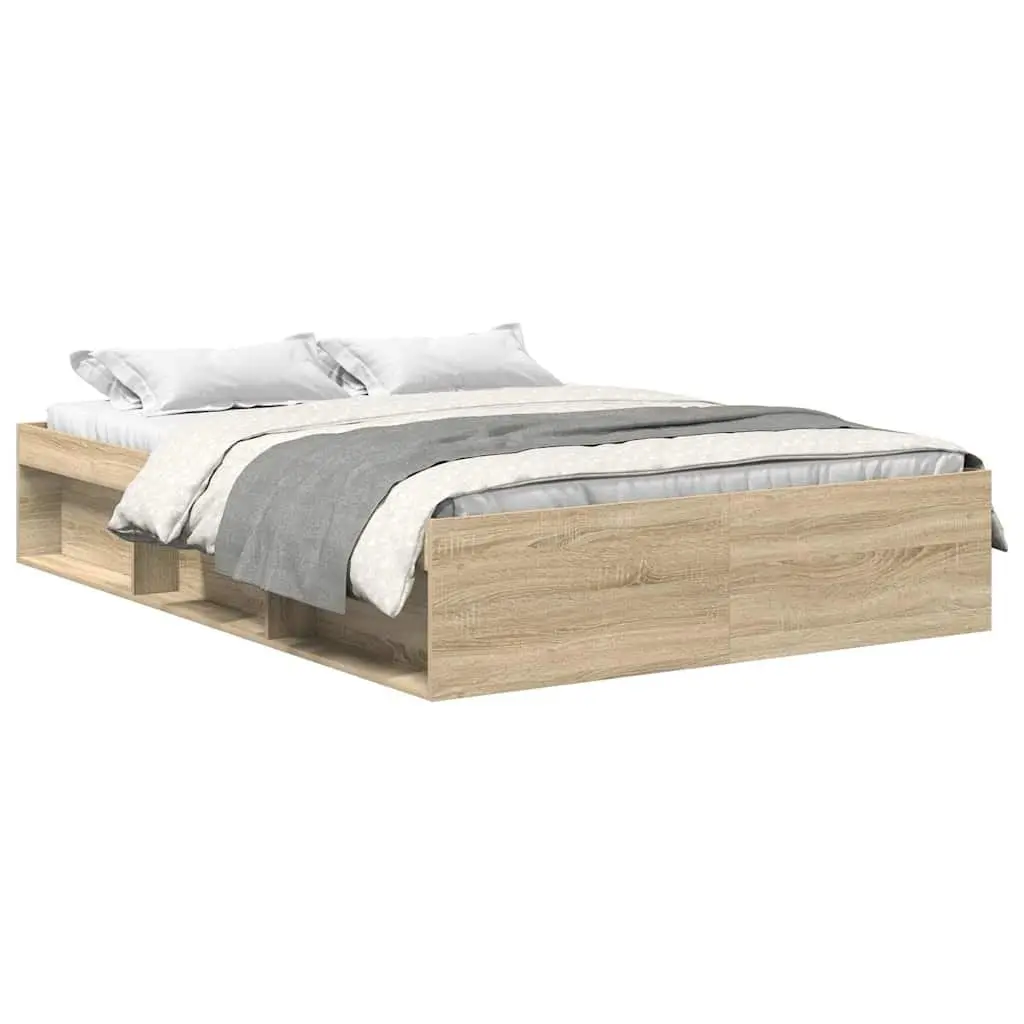 Queen Size Bed Frame Brown Engineered Wood Storage Compartments