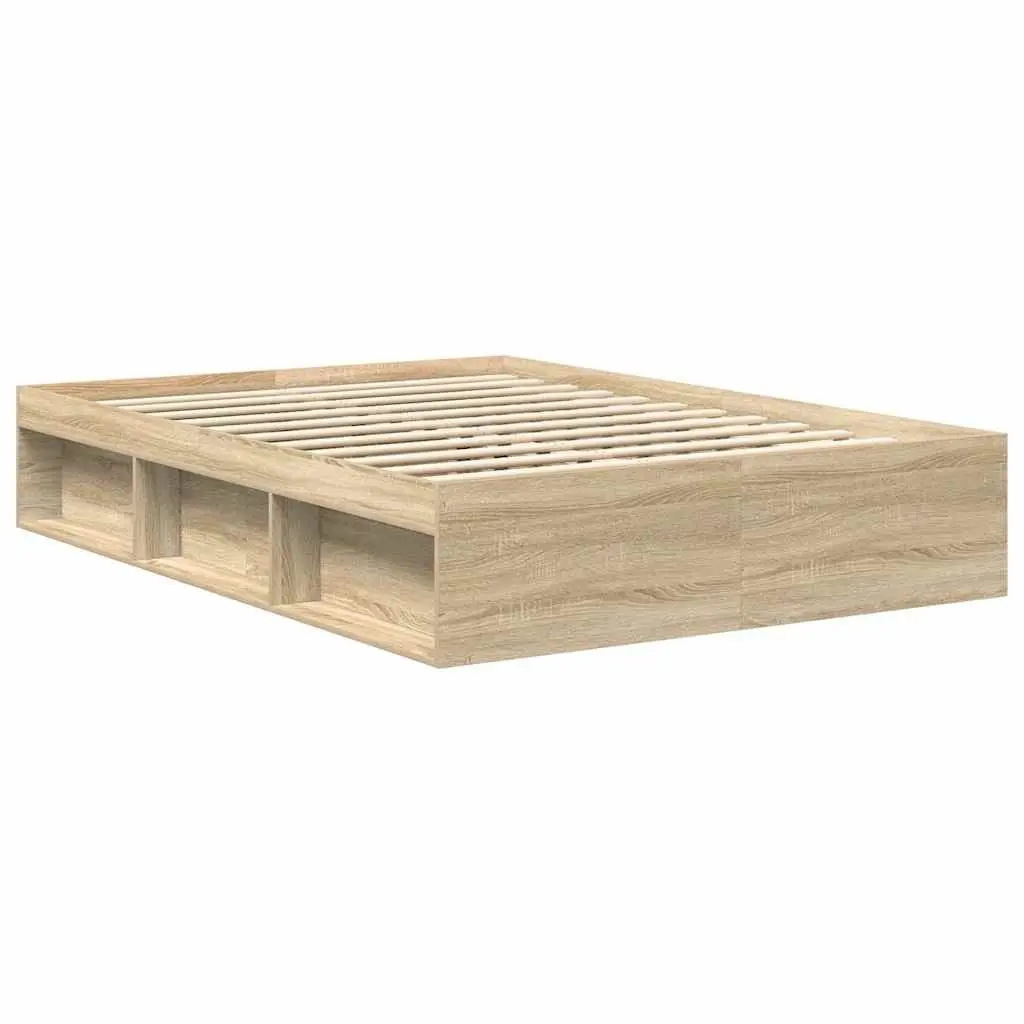 Queen Size Bed Frame Brown Engineered Wood Storage Compartments