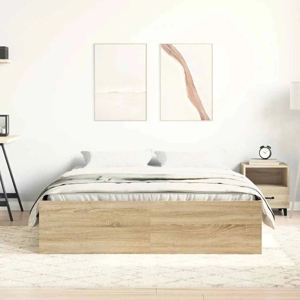 Queen Size Bed Frame Brown Engineered Wood Storage Compartments