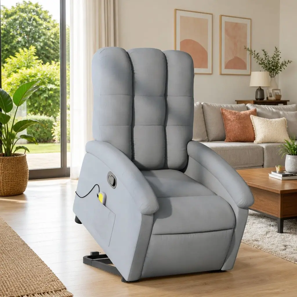 Electric Massage Chair Grey Fabric Stand Up Recliner with Power Lift Function and Manual Reclining