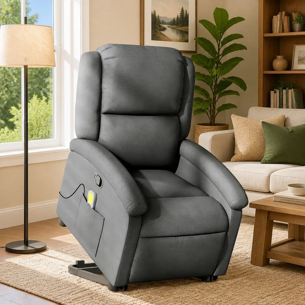 Electric Massage Chair Grey Fabric Stand Up Recliner with Power Lift Function and Vibration Massage