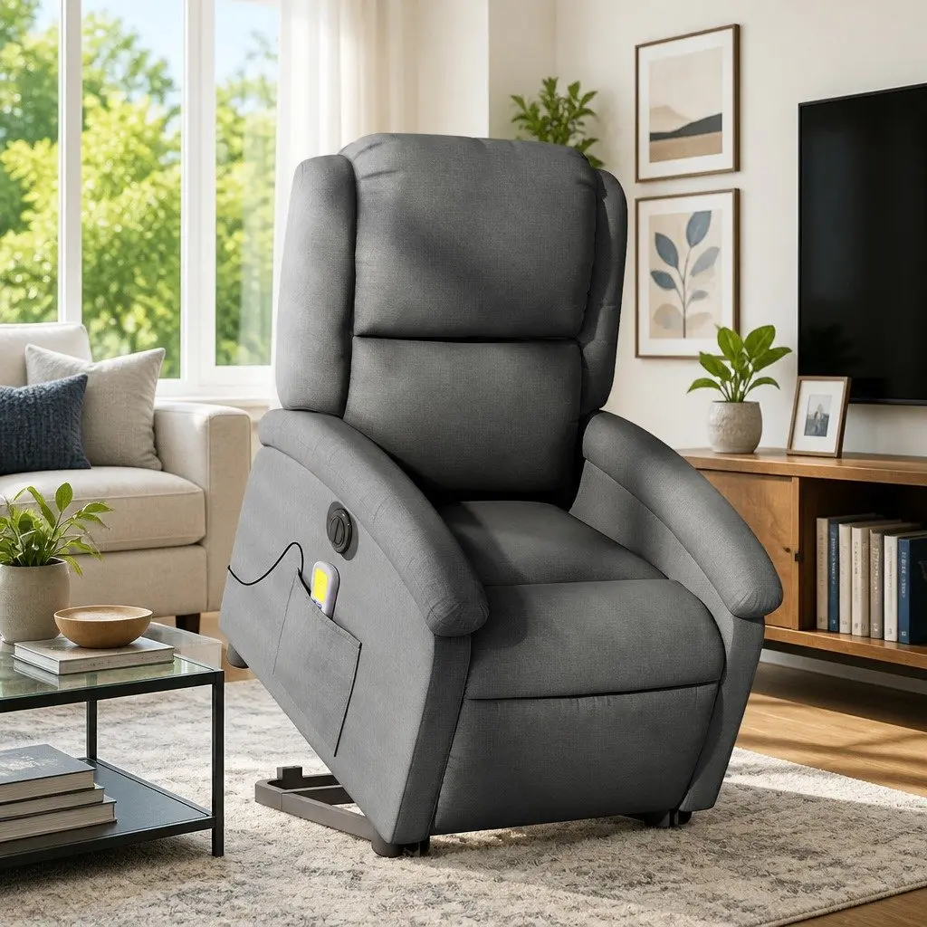 Electric Massage Chair Grey Fabric Stand Up Recliner with Power Lift and 6 Massage Points