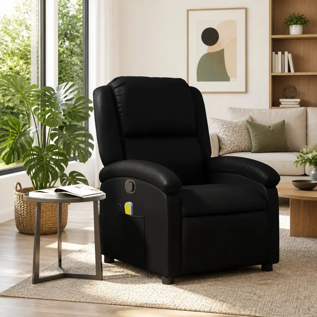 Massage Recliner Chair Black Faux Leather Manual Reclining Adjustable Backrest and Footrest with 6 Vibration Massage Points