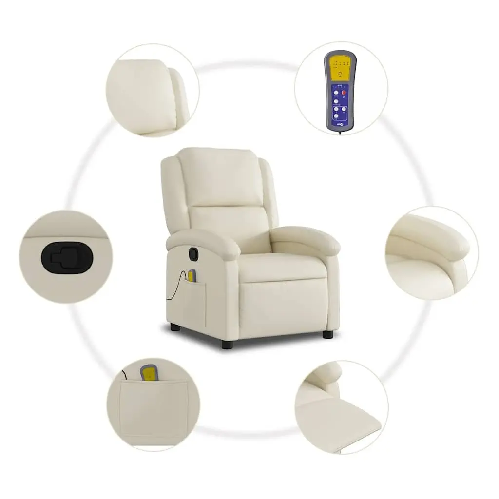 Massage Recliner Chair Cream Faux Leather Manual Recline 135 Degrees Vibration Massage