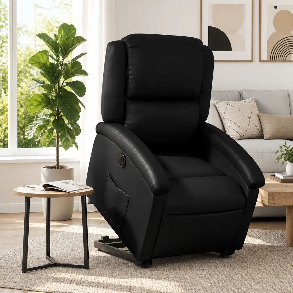 Electric Recliner Chair Faux Leather Black Power Lift Adjustable Backrest and Footrest