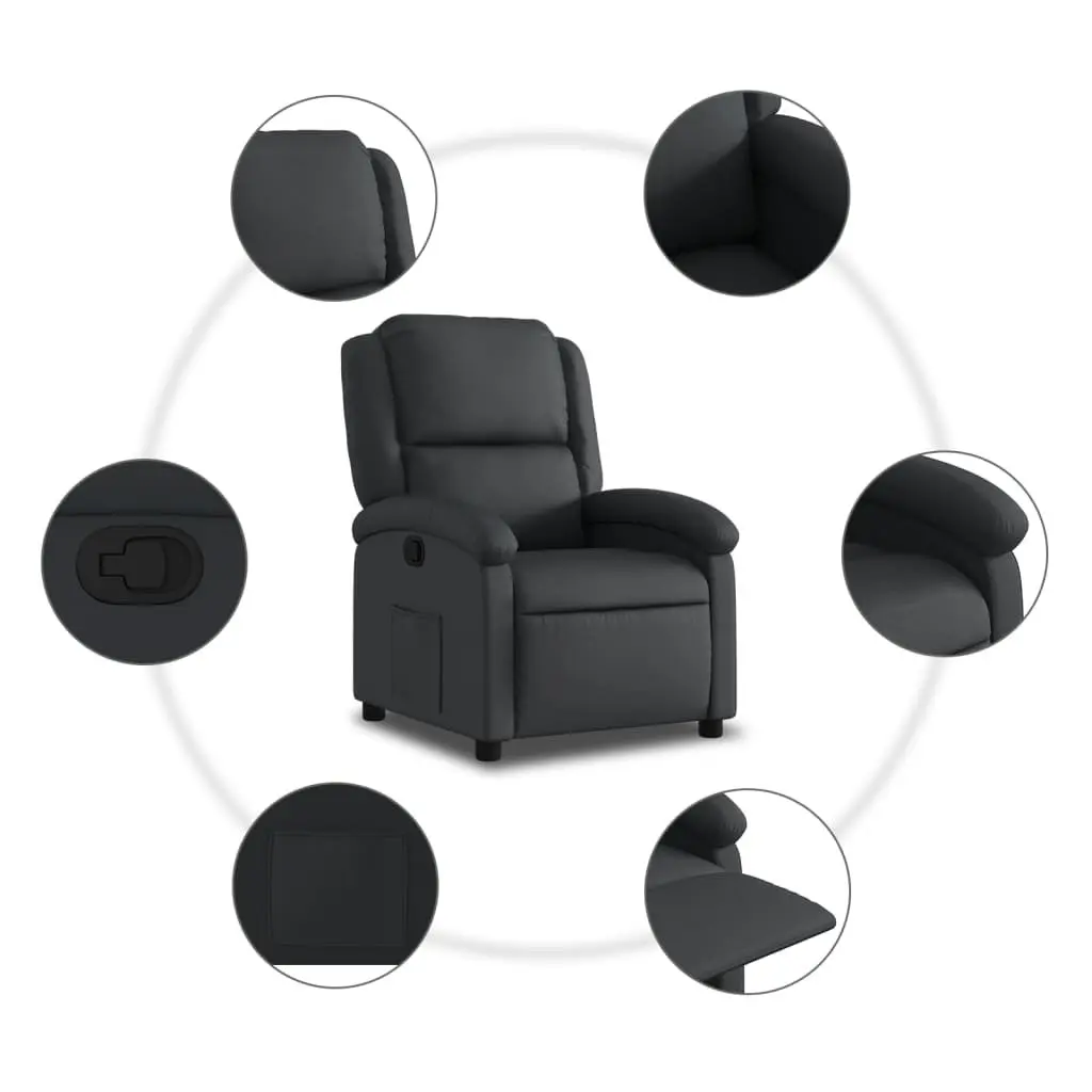 Manual Recliner Chair Black Leather Adjustable Backrest and Footrest with Side Pocket