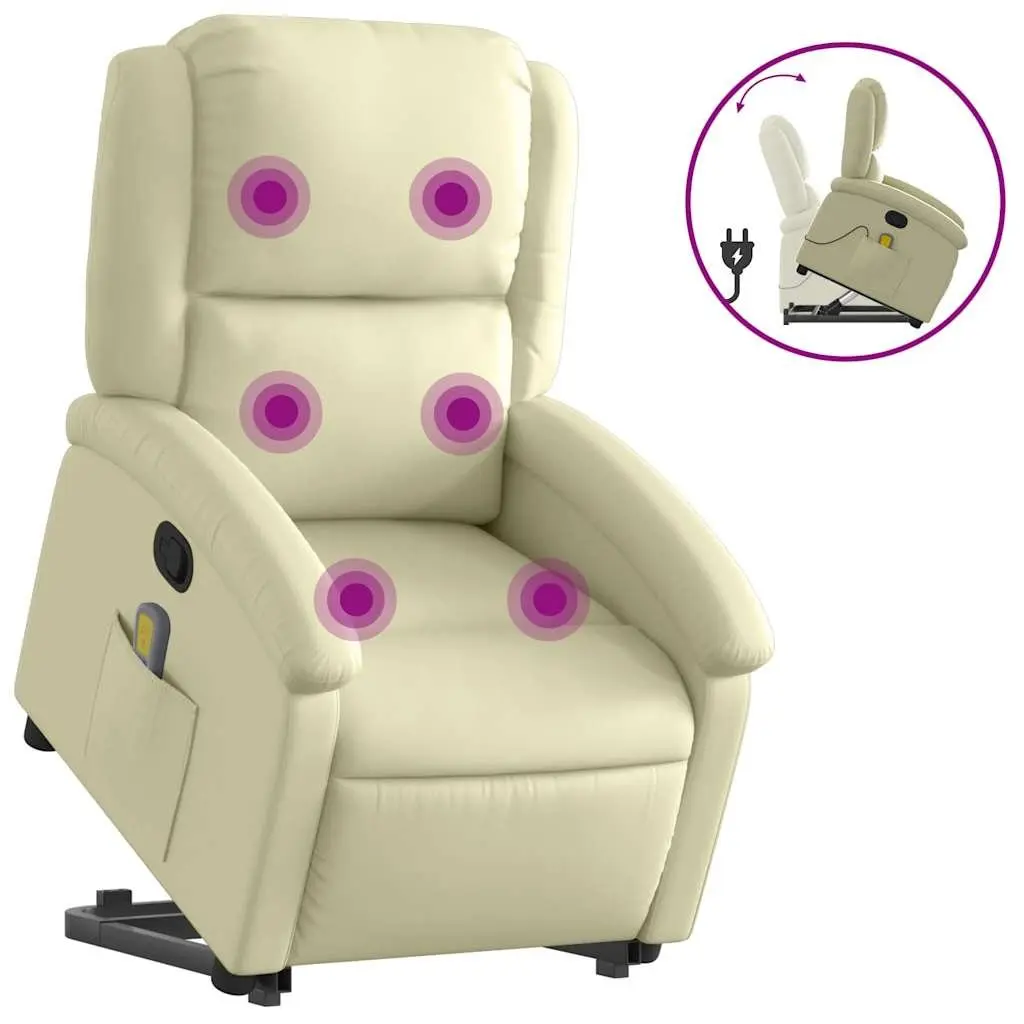 Stand Up Massage Recliner Chair Cream Leather Vibration Comfort Power Lift Manual Recline