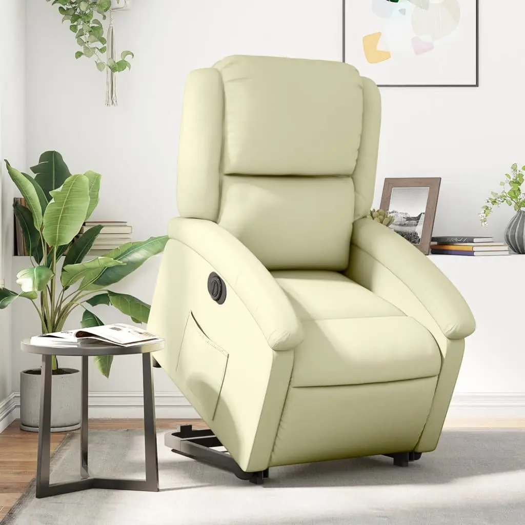 Electric Recliner Chair Cream Leather Power Lift Function Elderly Comfort