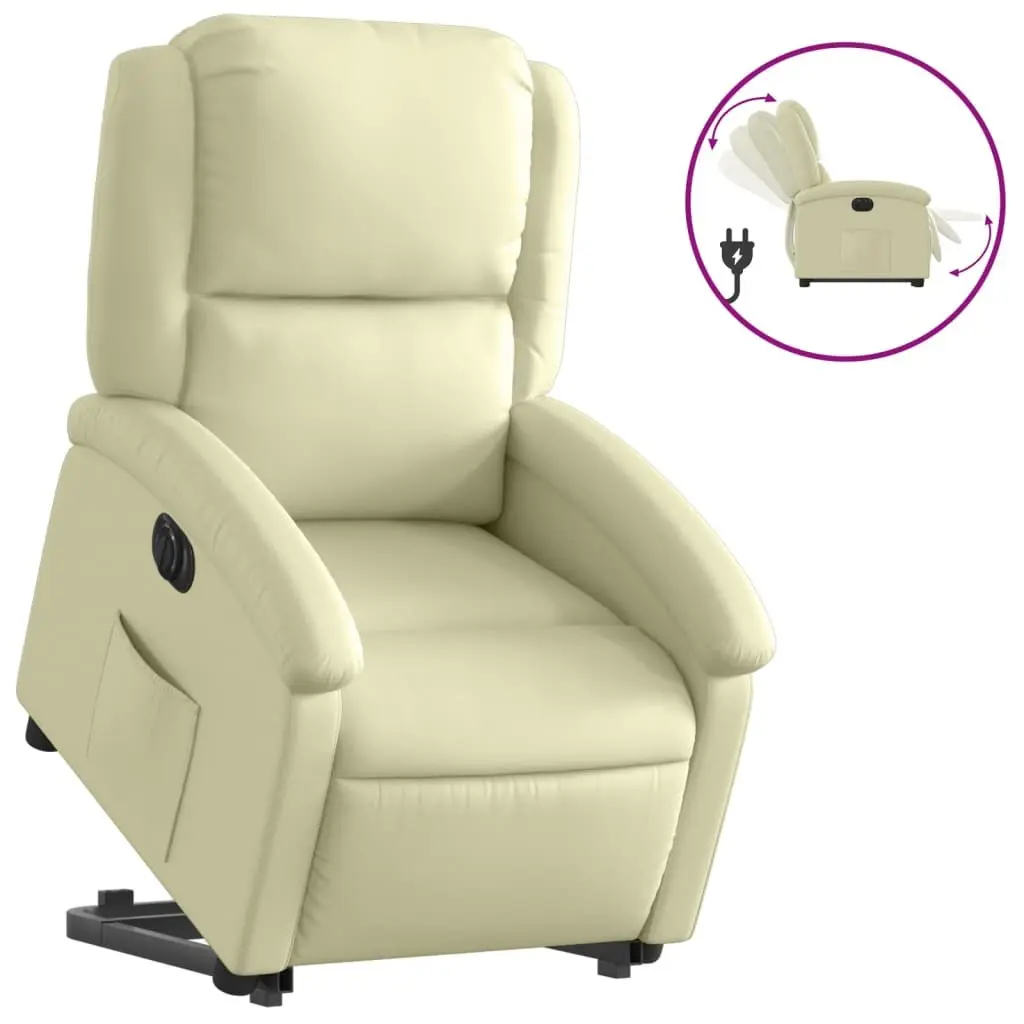 Electric Recliner Chair Cream Leather Power Lift Function Elderly Comfort